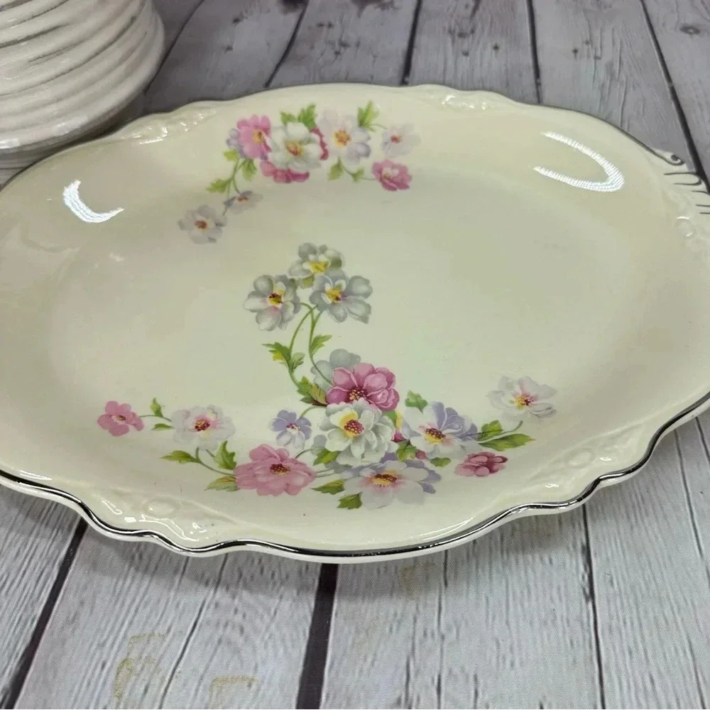 vintage Relish/Gravy Underplate Fluffy Rose 1 (Platinum Trim) by HOMER laughflin